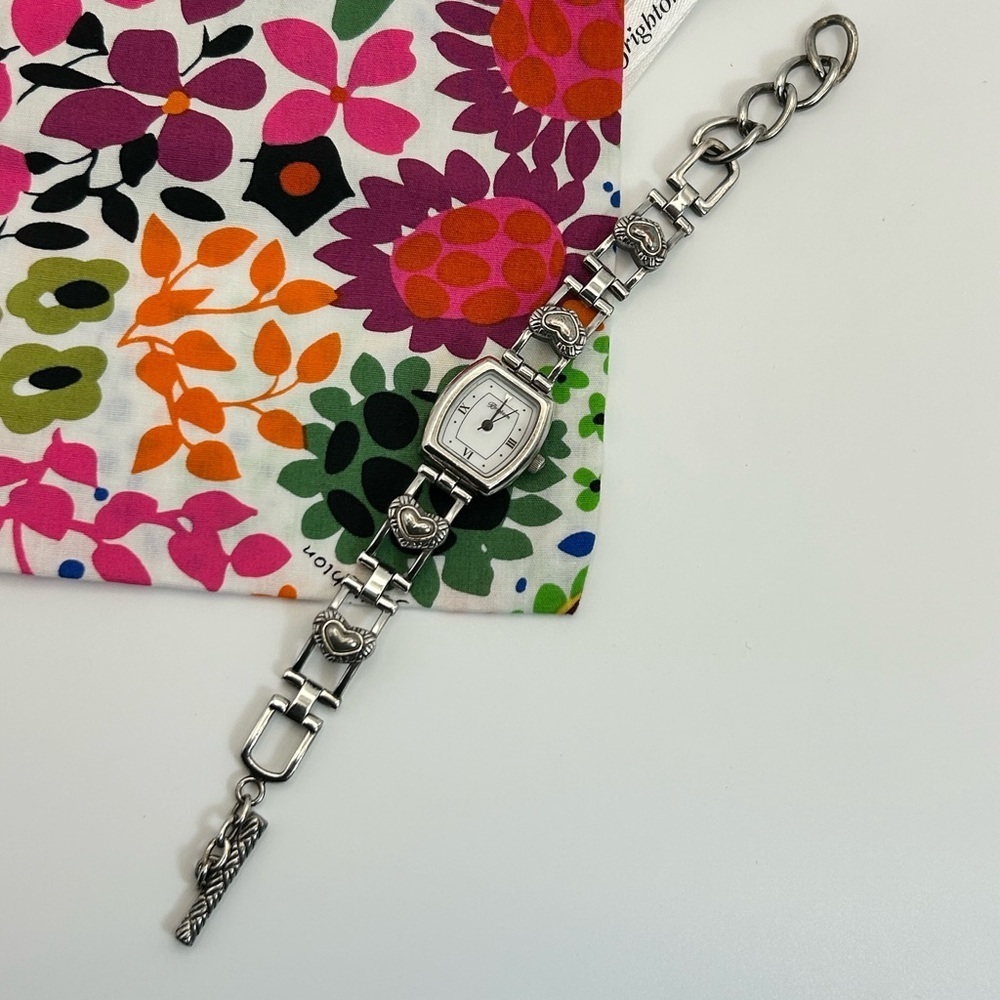 Brighton Essex Watch Rectangle Heart Links 8" Silver Plated & Cloth Bag